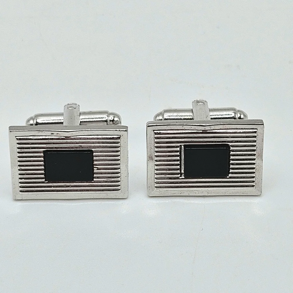 VINTAGE Dante Silver Tone Genuine Onyx Inset Rectangular Cufflinks Set Signed
